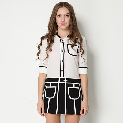 欧美大牌假两件七分袖连衣裙 翻领小香风拼接条纹衬衣裙夏装新款